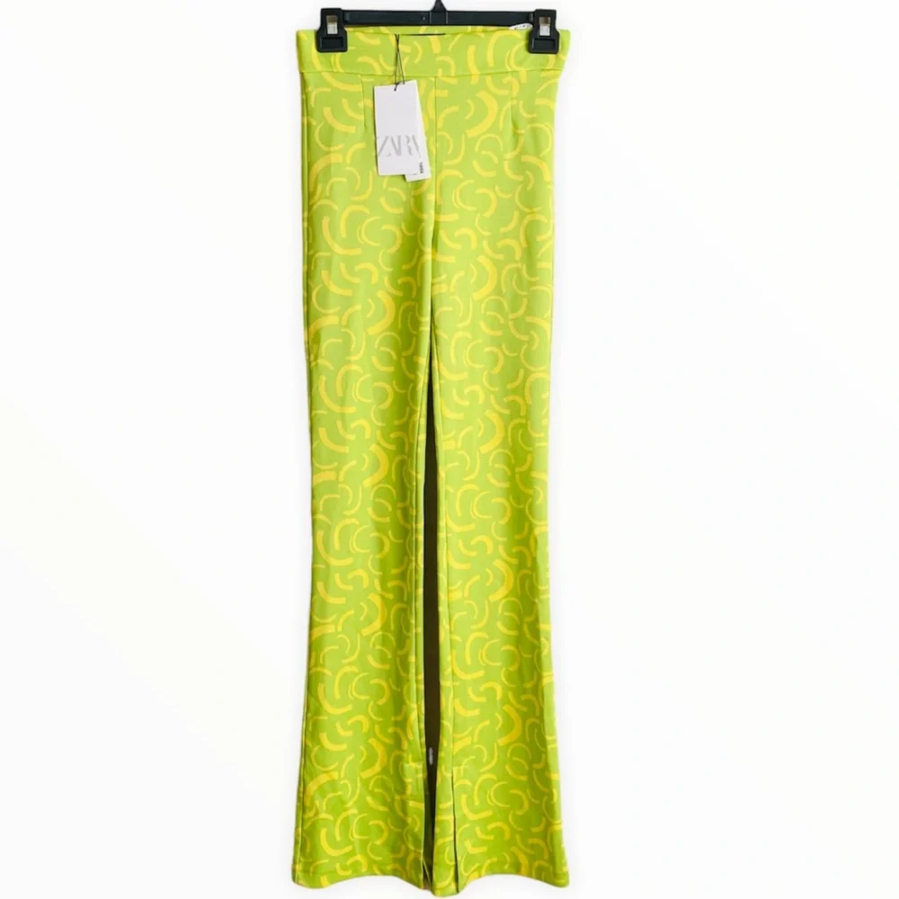 Zara NWT Lime Green & Yellow Knit Flare Jacquard Pant Size Small - Picture 4 of 9